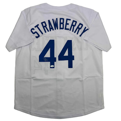 Autographed/Signed Darryl Strawberry Los Angeles LA White Baseball Jersey JSA COA