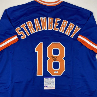 Blue professional sports league custom jersey with Strawberry 18 autograph and authentication sticker