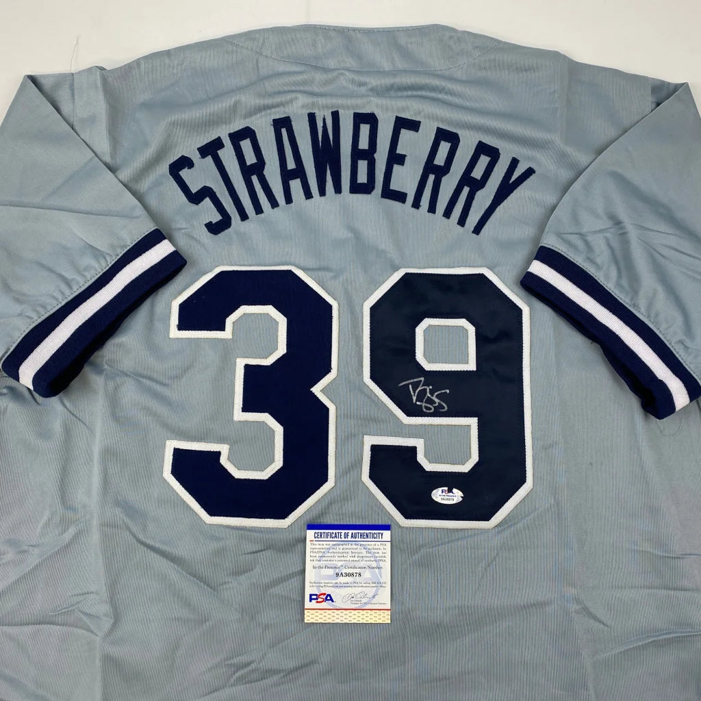 Autographed Darryl Strawberry gray custom jersey with navy lettering, number 39, PSA/DNA COA