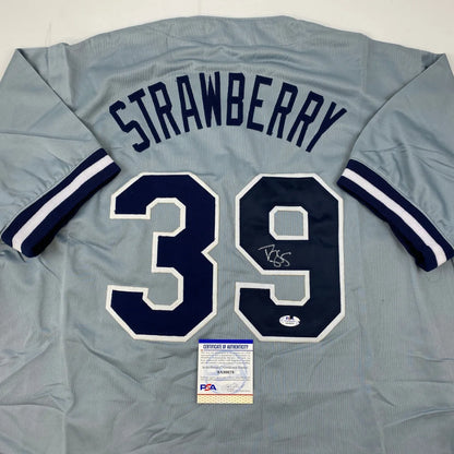 Autographed Darryl Strawberry gray custom jersey with navy lettering, number 39, PSA/DNA COA