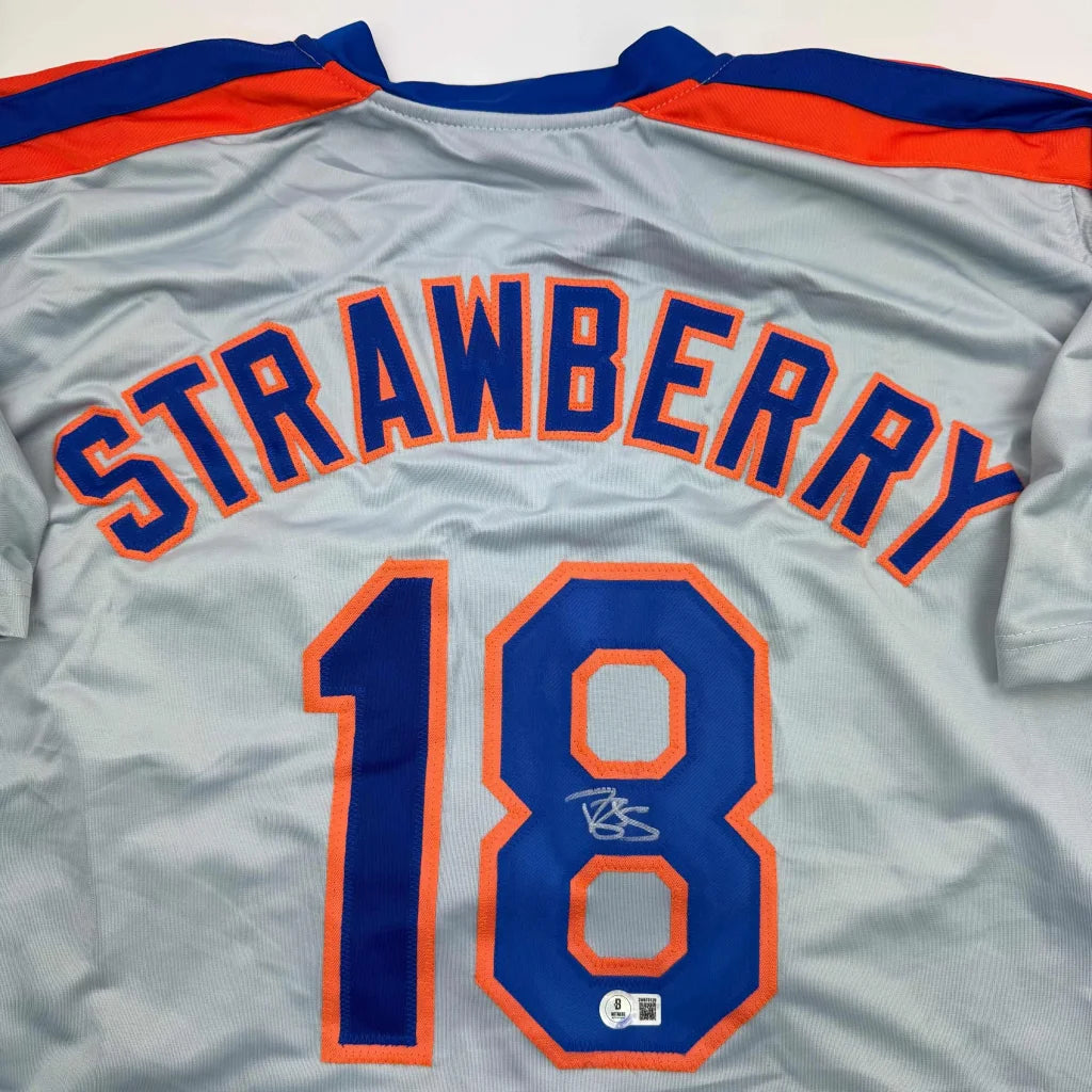 Autographed Darryl Strawberry gray custom jersey with blue orange lettering, number 18, PSA/DNA COA