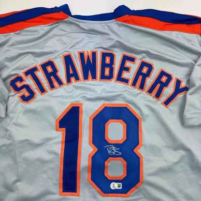 Autographed Darryl Strawberry gray custom jersey with blue orange lettering, number 18, PSA/DNA COA