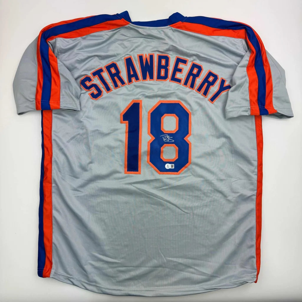Autographed Darryl Strawberry gray custom jersey with blue orange trim number 18