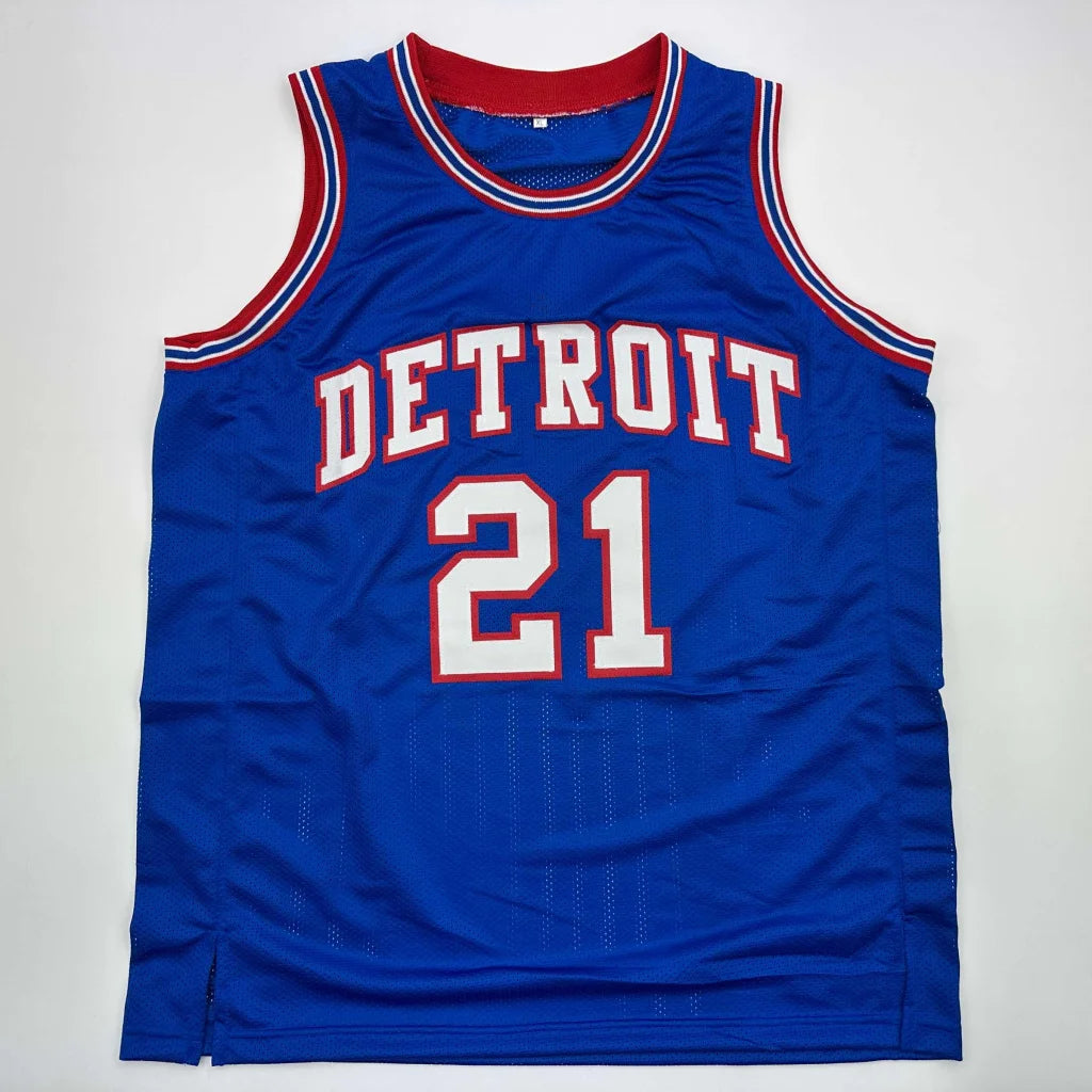 Blue custom jersey with red and white trim from a professional sports league collectible
