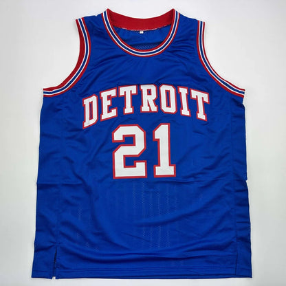 Blue custom jersey with red and white trim from a professional sports league collectible