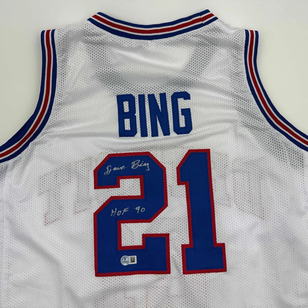 Autographed Dave Bing HOF 90 Detroit White Basketball Jersey Beckett BAS COA | Certified Authentic Signed Memorabilia | vintageantiquesgifts.com