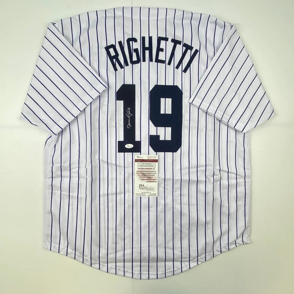 White pinstriped professional sports league custom jersey with Righetti 19 autograph