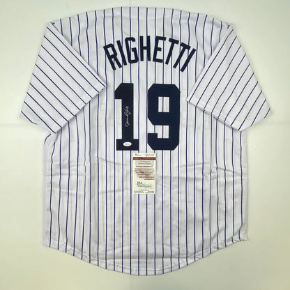 White pinstriped professional sports league custom jersey with Righetti 19 autograph