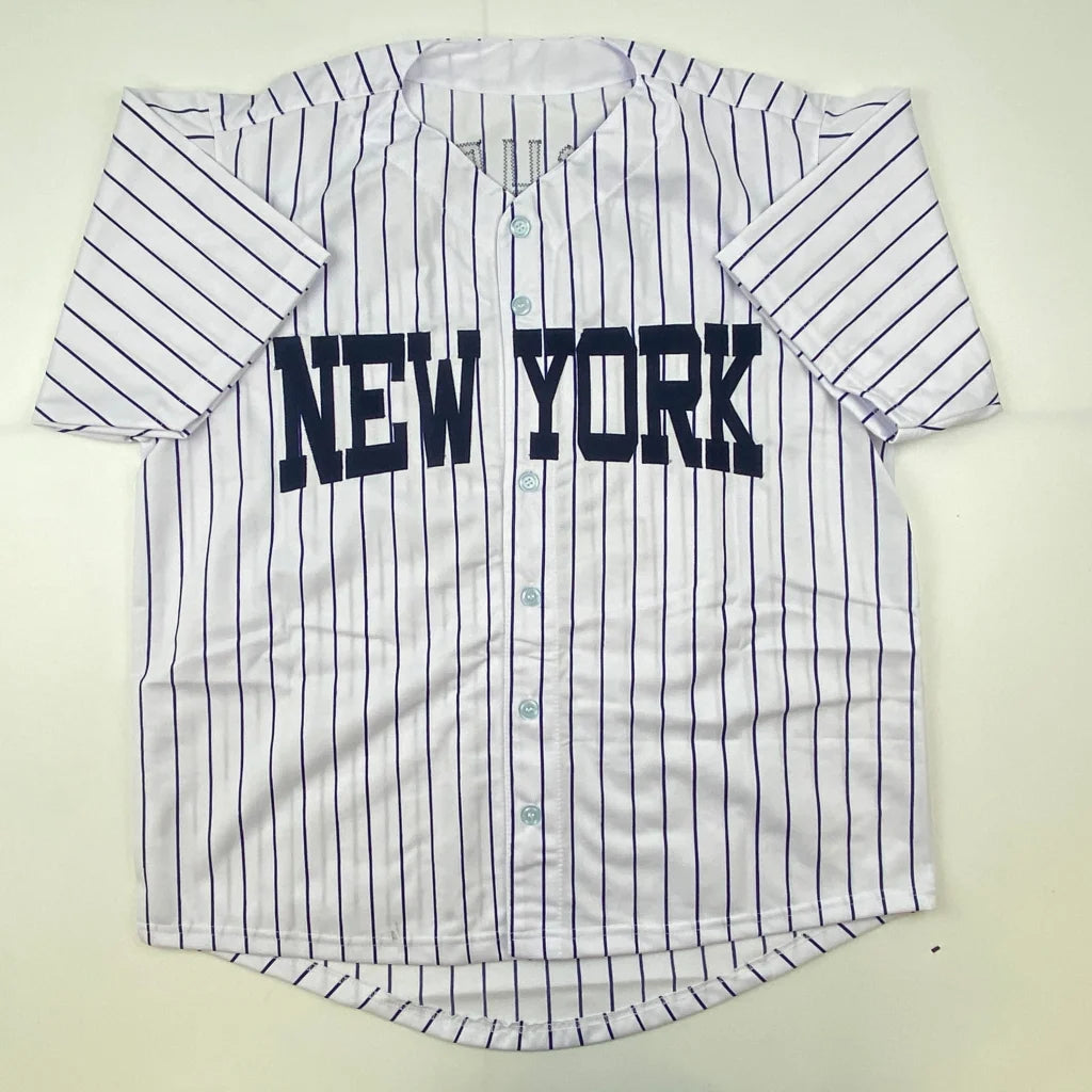 White and navy pinstriped custom jersey with NEW YORK for professional sports fans