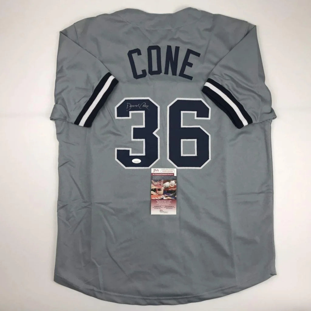Back of autographed David Cone gray custom jersey with navy Cone 36, JSA COA