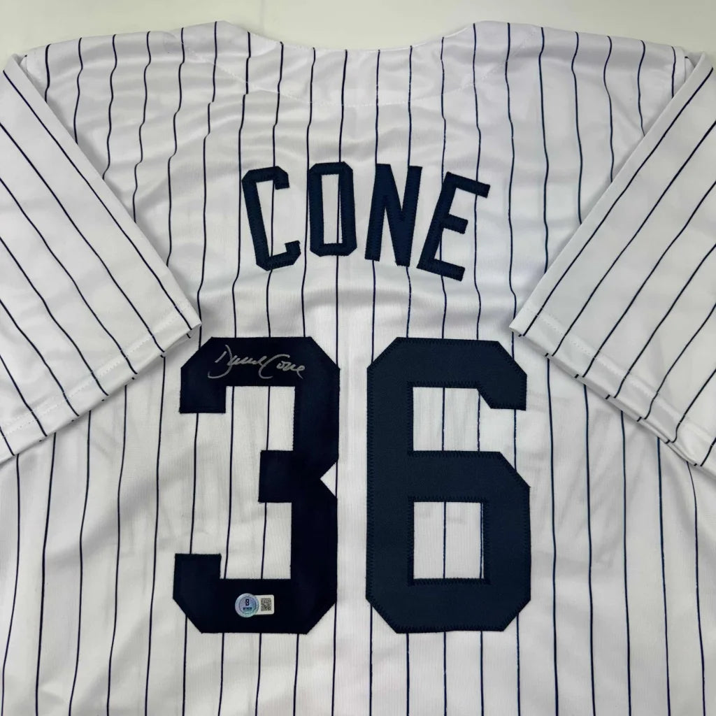 Autographed David Cone New York Pinstripe Baseball Jersey Beckett BAS COA | Certified Authentic Signed Memorabilia | vintageantiquesgifts.com