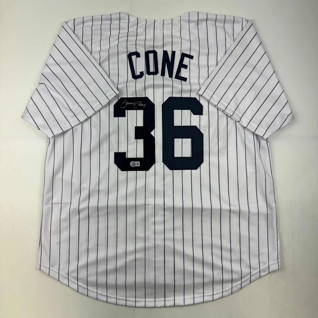 Autographed white pinstriped David Cone professional sports league custom jersey