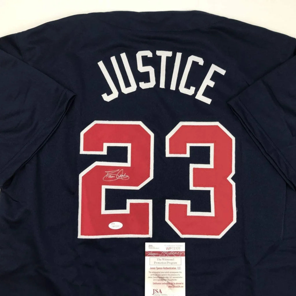Autographed David Justice custom jersey in navy blue with Justice 23, JSA COA