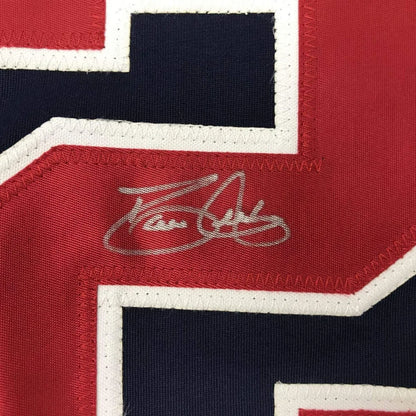 Autographed David Justice Atlanta Braves custom jersey in red, navy blue, white with silver signature, JSA COA
