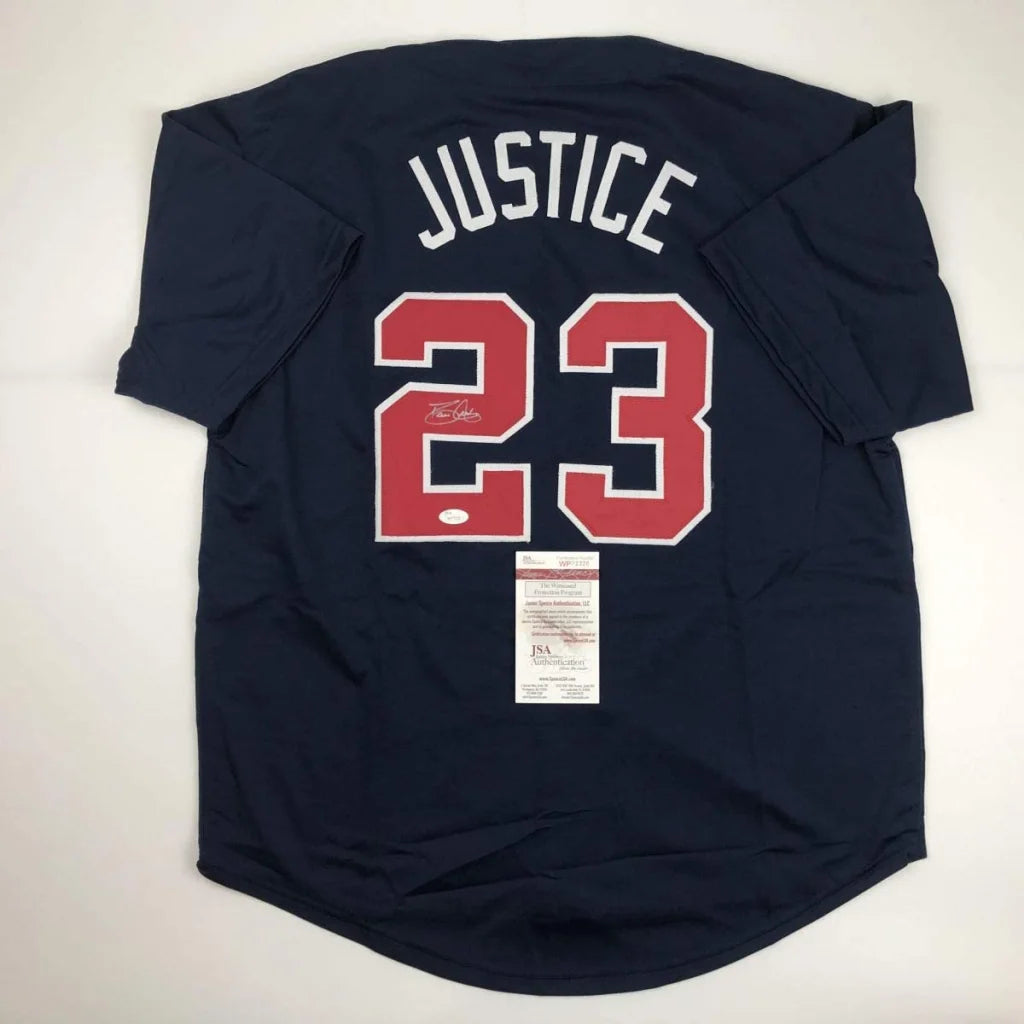 Autographed David Justice custom jersey in navy blue with Justice 23, JSA COA