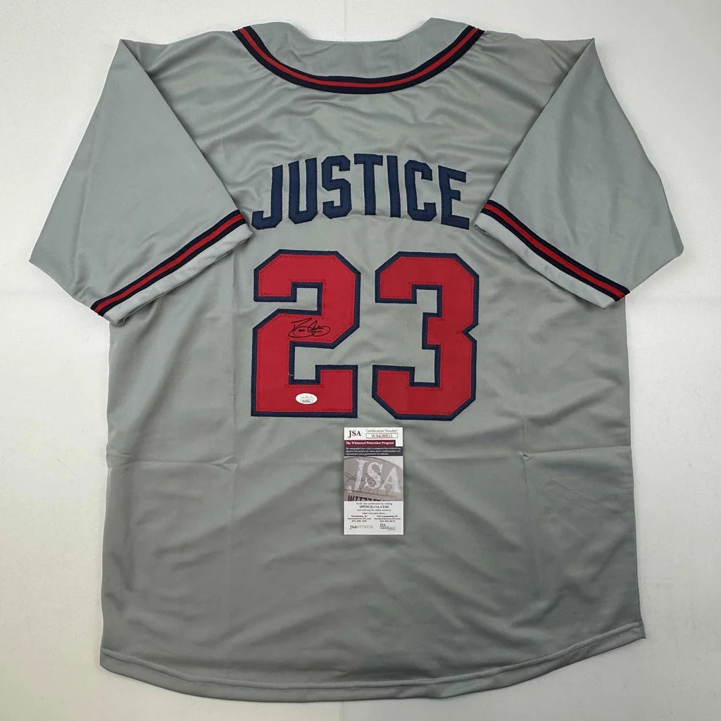 Autographed David Justice Atlanta Grey Baseball Jersey JSA COA | Hall of Fame Sports Memorabilia | vintageantiquesgifts.com