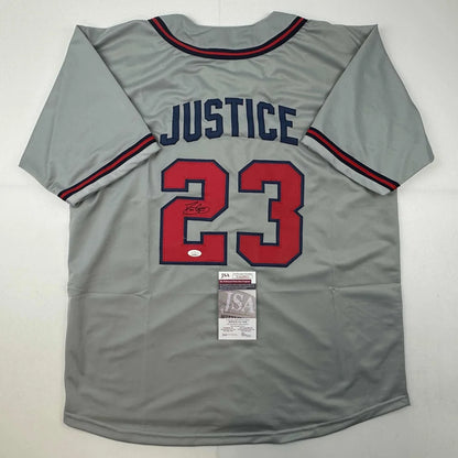Autographed David Justice Atlanta Grey Baseball Jersey JSA COA | Hall of Fame Sports Memorabilia | vintageantiquesgifts.com