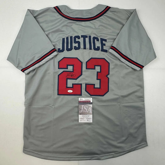 Autographed David Justice Atlanta Grey Baseball Jersey JSA COA | Hall of Fame Sports Memorabilia | vintageantiquesgifts.com