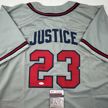 Autographed David Justice Atlanta Grey Baseball Jersey JSA COA | Certified Authentic Signed Memorabilia | vintageantiquesgifts.com