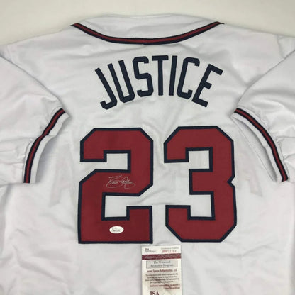 Autographed David Justice Atlanta White Baseball Jersey JSA COA | Certified Authentic Signed Memorabilia | vintageantiquesgifts.com