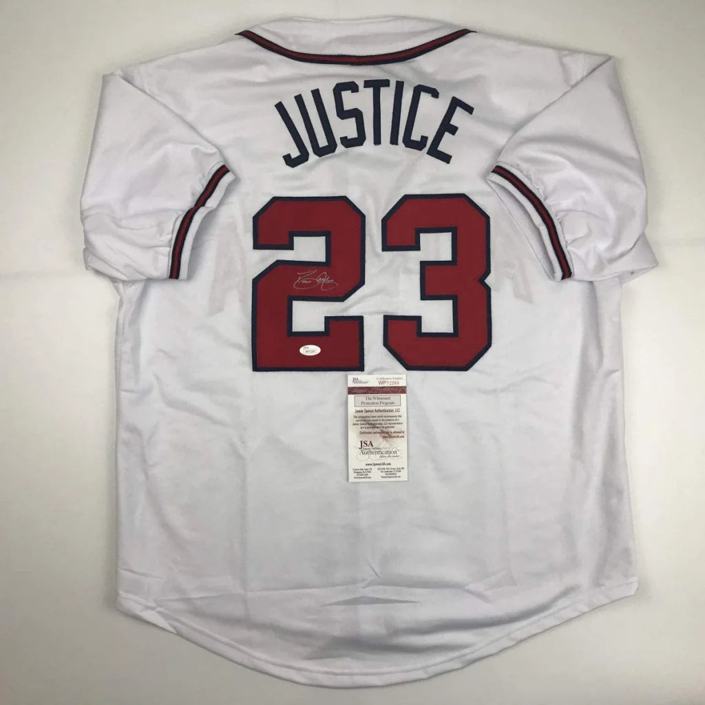 Autographed David Justice Atlanta White Baseball Jersey JSA COA | Hall of Fame Sports Memorabilia | vintageantiquesgifts.com