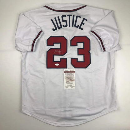 Autographed David Justice Atlanta White Baseball Jersey JSA COA | Hall of Fame Sports Memorabilia | vintageantiquesgifts.com