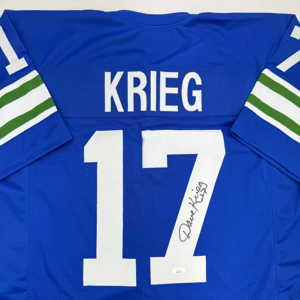 Blue custom jersey with white and green stripes, number 17, signed Dave Krieg pro sports