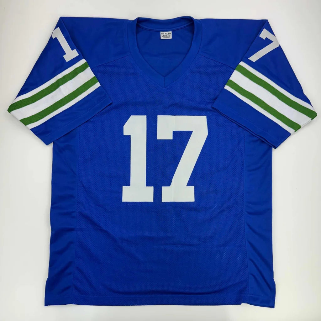 Blue custom jersey with white 17 and green white stripes for professional sports league fans