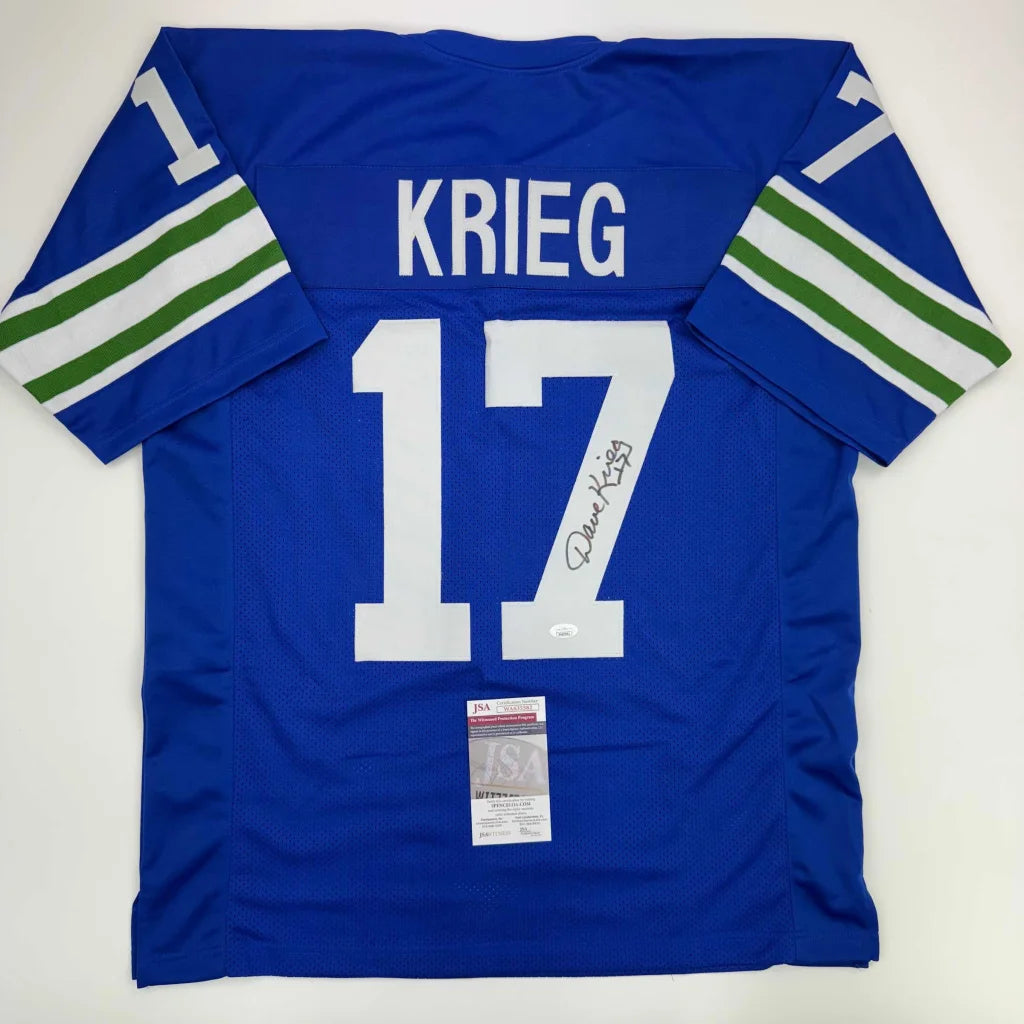Blue Dave Krieg custom jersey with signature, PSA/DNA sticker, perfect for pro sports fans