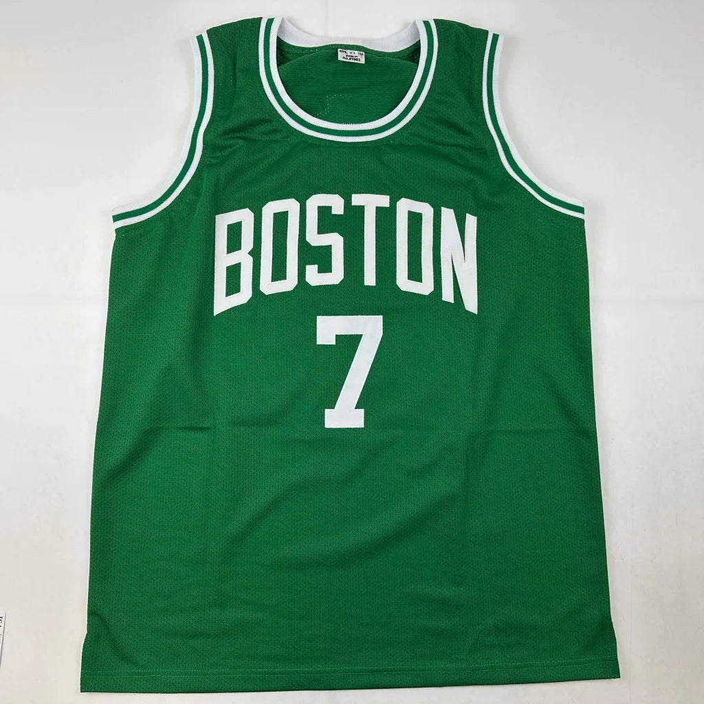 Green custom basketball jersey with white trim and Boston 7 for professional sports fans