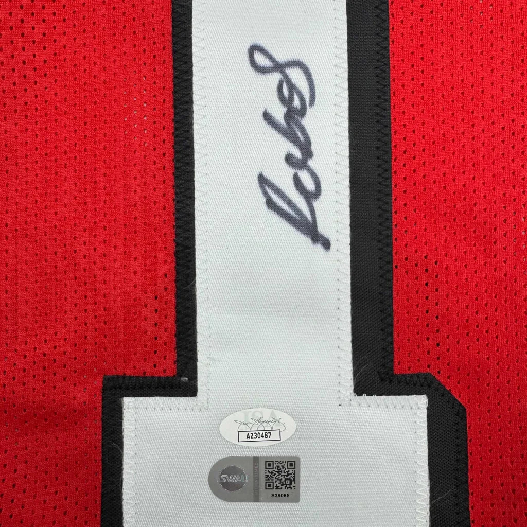 Red mesh professional sports jersey with white number 1, Lobos signature, and authenticity stickers