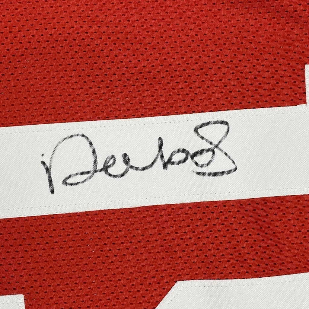 Autographed red custom jersey from professional sports league player for true fans