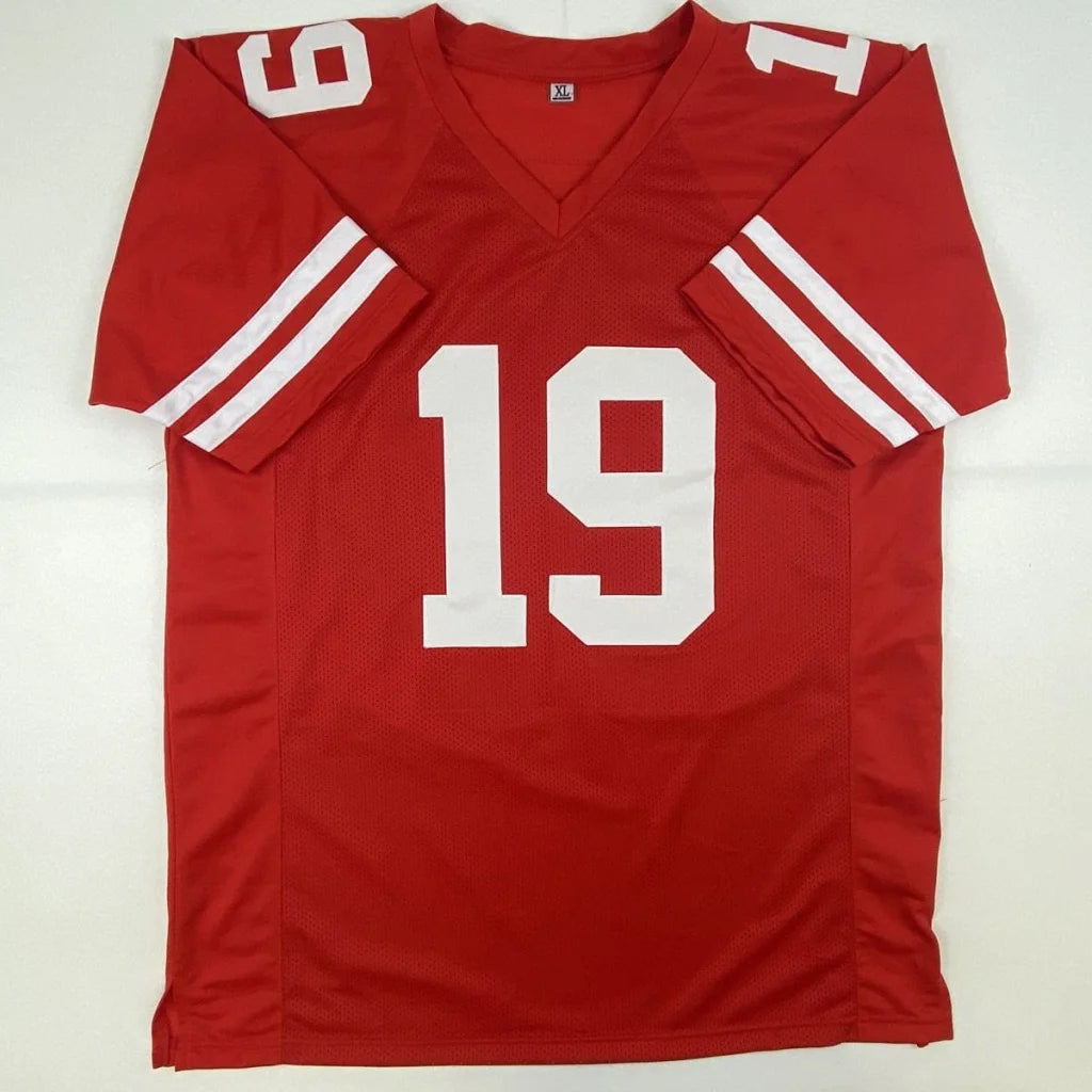 Red professional sports league custom jersey with white number 19 and shoulder stripes