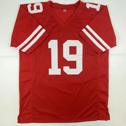 Red professional sports league custom jersey with white number 19 and shoulder stripes