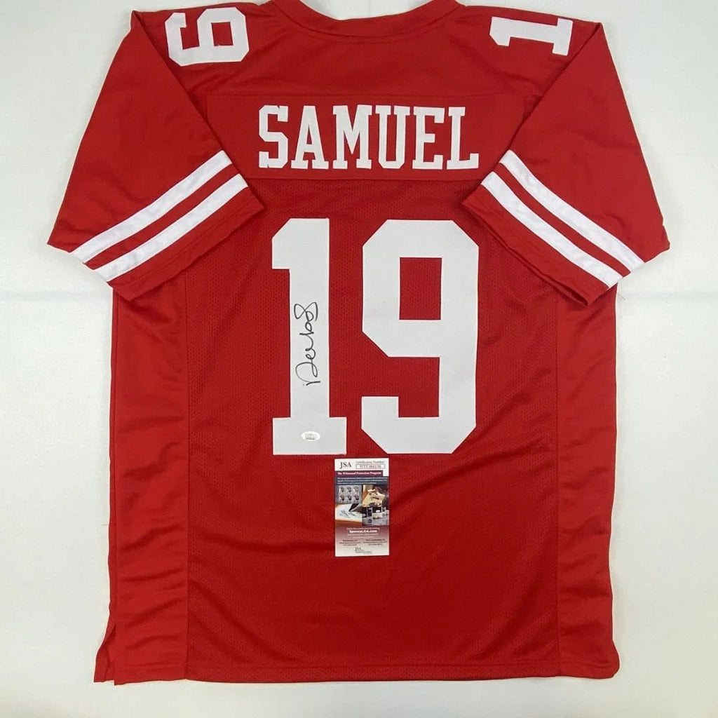 Red custom jersey signed by a professional sports league player for authentic sports fans