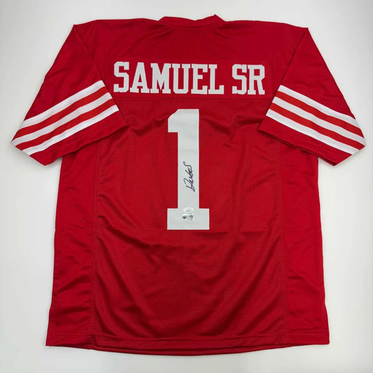 Red custom jersey with white stripes and SAMUEL SR 1 for professional sports league