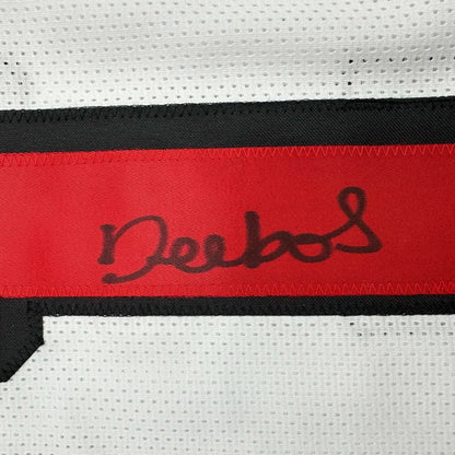 Red cursive Debbo stripe on custom Deebo Samuel Sr. 49ers pro sports jersey