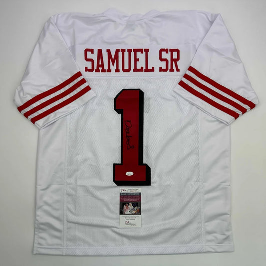 Autographed Deebo Samuel Sr. #1 San Francisco White Alternate Football Jersey JSA COA | Hall of Fame Sports Memorabilia | vintageantiquesgifts.com