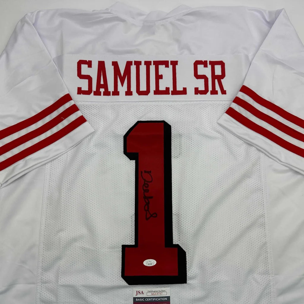 Autographed Deebo Samuel Sr. #1 white custom jersey back, JSA COA