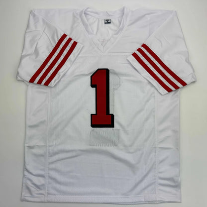 White short-sleeved custom jersey with red stripes and number 1 for professional sports fans