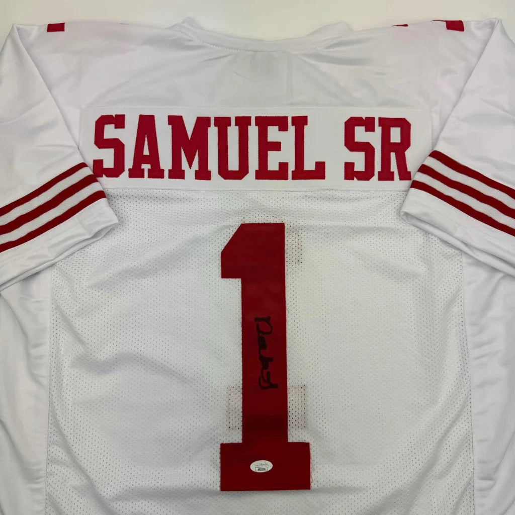 Autographed Deebo Samuel Sr. #1 custom jersey in San Francisco white with red lettering