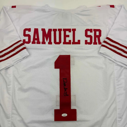 Autographed Deebo Samuel Sr. #1 custom jersey in San Francisco white with red lettering