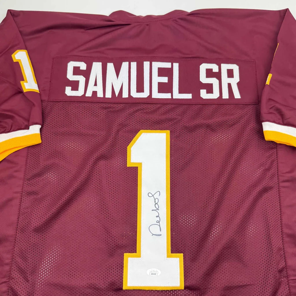 Autographed maroon Washington Commanders custom jersey by Deion Samuel Sr