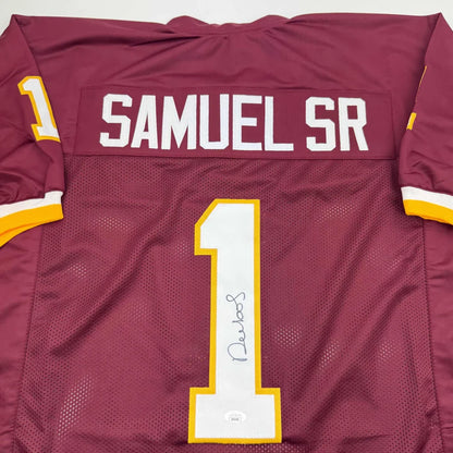 Autographed maroon Washington Commanders custom jersey by Deion Samuel Sr
