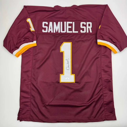 Maroon custom jersey with SAMUEL SR and number 1, autographed, from Professional Sports League