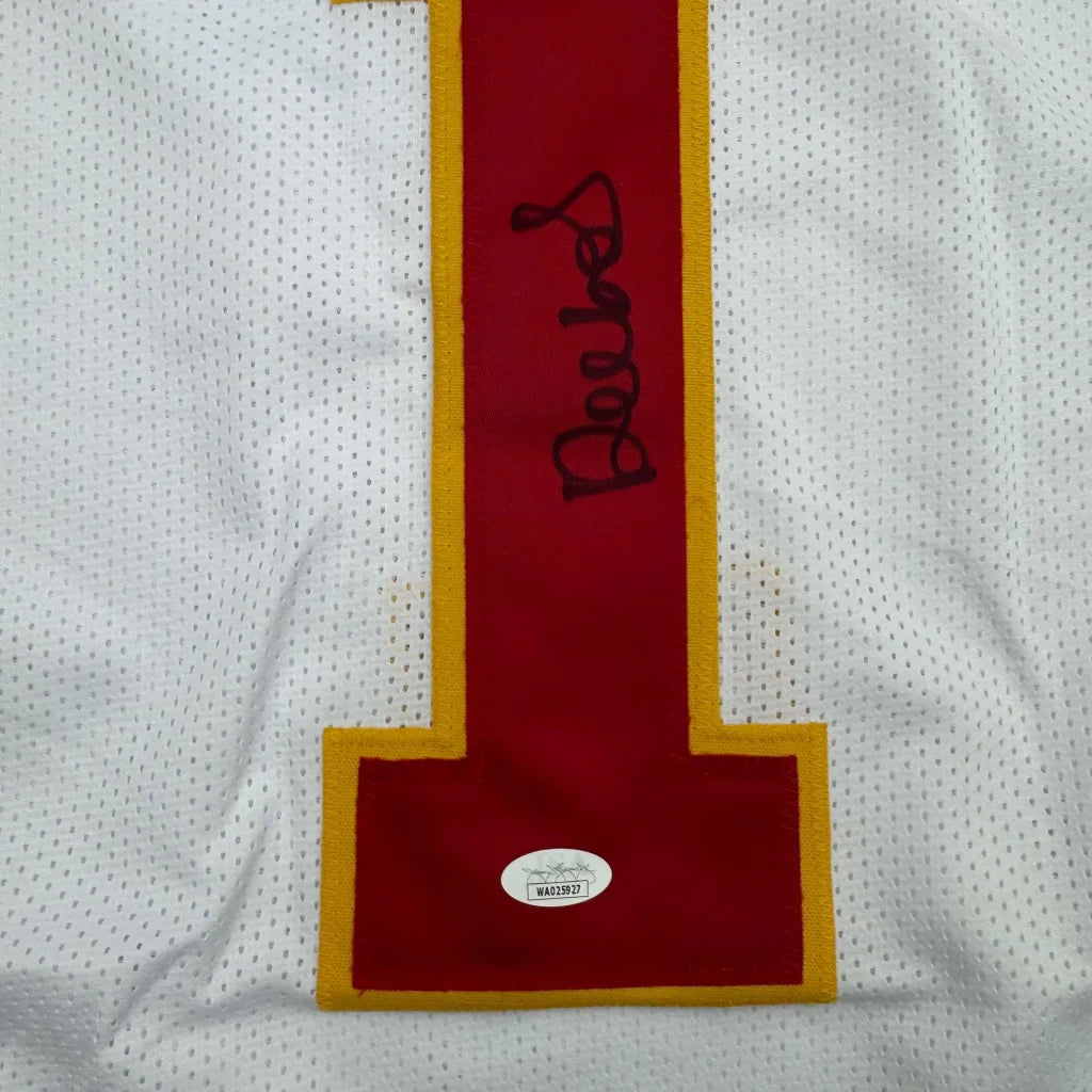 White mesh jersey with red and gold trim, number 1, autograph, perfect for professional sports fans