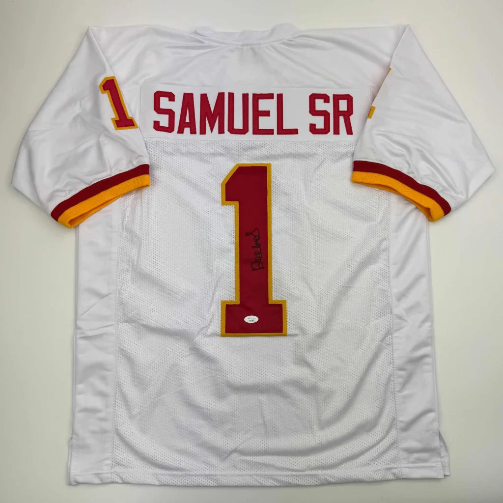 White professional sports custom jersey with red gold trim and SAMUEL SR number 1