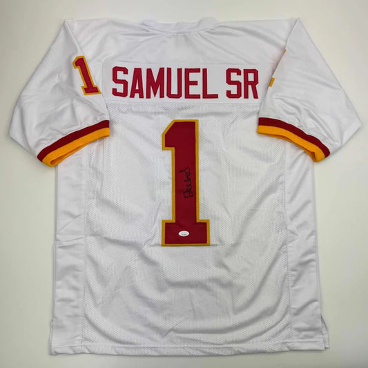 White professional sports custom jersey with red gold trim and SAMUEL SR number 1