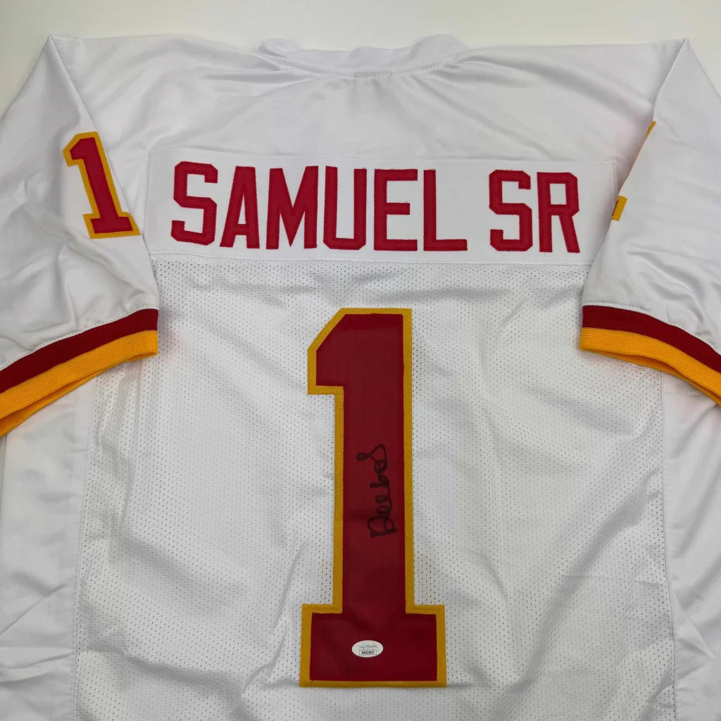 White custom jersey with red and gold trim featuring SAMUEL SR and number 1 for professional sports fans