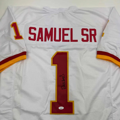 White custom jersey with red and gold trim featuring SAMUEL SR and number 1 for professional sports fans